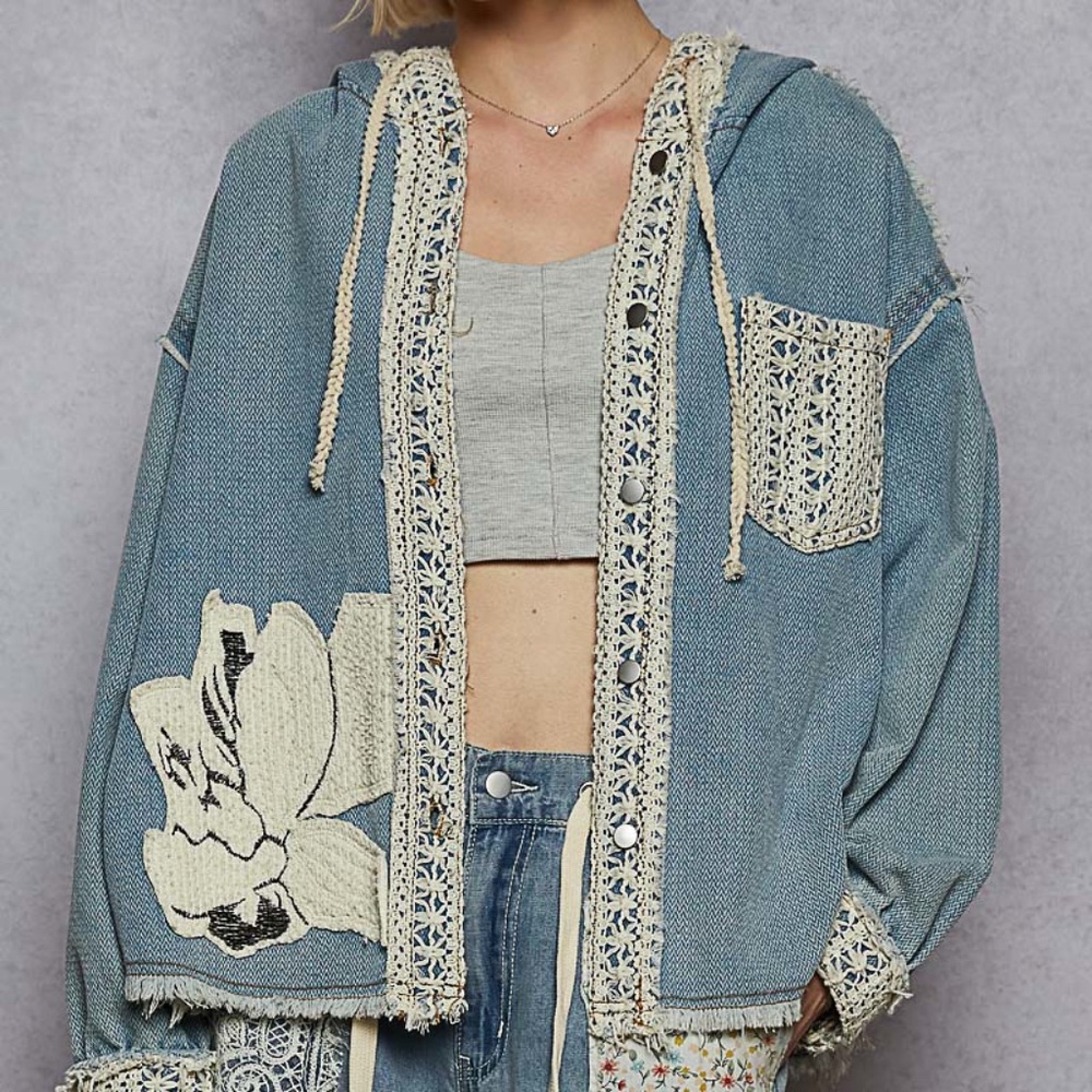 POL Clothing Mixed Media Hooded Crochet Trim Jacket